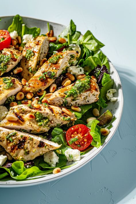 Pesto Chicken Salad (Keto & Low Carb) - I Eat Keto Pesto Chicken Salad Recipe, Pesto Chicken Salad, Pesto Chicken Lunch, Keto Pesto Chicken Recipes, Chicken Pesto Keto, Pine Nuts Salad, Pesto Salad, Grilled Tofu, Leftover Rotisserie Chicken