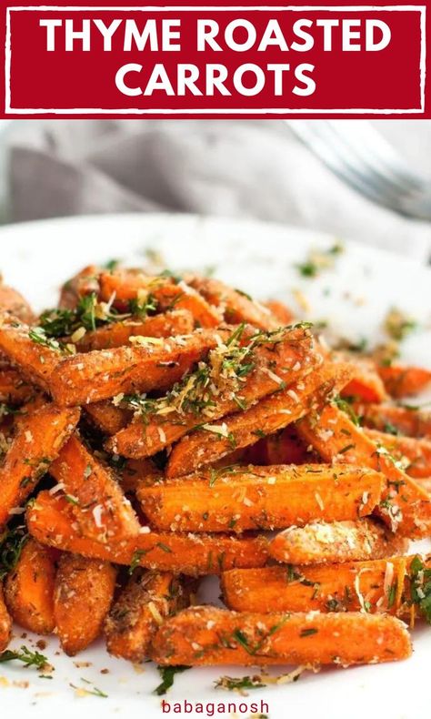 Looking for some new Thanksgiving menu ideas? Add these delicious Thyme Roasted Carrots to your Thanksgiving sides or Thanksgiving appetizers this year! It makes a wonderful dish for friendsgiving, too! It's also a yummy vegetable side dish to accompany your favorite dinner ideas and dinner recipes all year round. Everyone will love this roasted vegetables recipe! Side Dishes For Prime Rib, Thanksgiving Carrot Recipe, Carrots Recipe Healthy, Parmesan Roasted Carrots, Roasted Vegetables Seasoning, Sauteed Broccoli, Carrots In Oven, Roasted Carrots And Parsnips, Oven Roasted Carrots