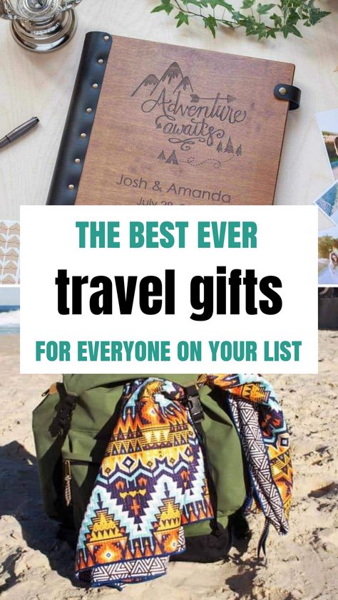 Personalized travel gift ideas, including a custom wooden photo album and a colorful beach towel in a backpack on the sand. Things You Need For Traveling, Travel Gift Ideas For Him, Best Travel Gear, Gifts For A Traveler Woman, Traveler Gift Ideas, Gifts For Travelers Women Ideas, Travel Gifts Ideas For Women, Travel Gift Basket Ideas, Gift For Someone Traveling