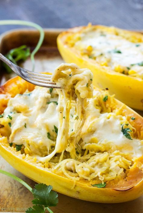 Artichoke Spaghetti, Cleanfoodcrush Recipes, Spaghetti Squash Recipes Chicken, Stuffed Spaghetti Squash, Green Chile Chicken Enchiladas, Cooking Spaghetti, Clean Foods, Green Chile Chicken, Baked Veggies