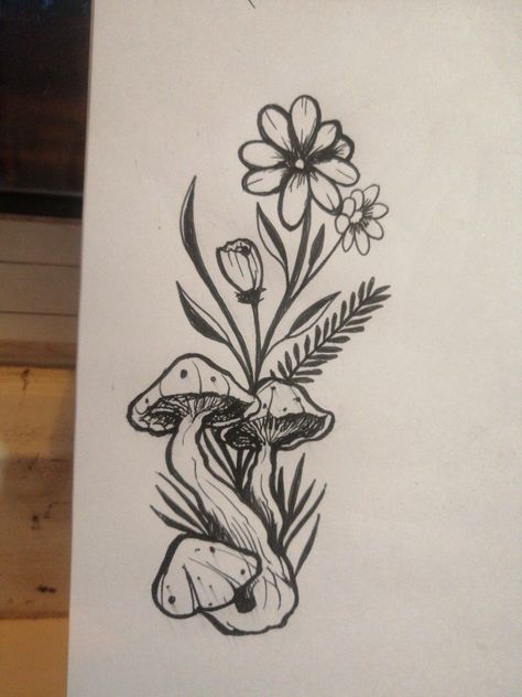 Rose And Mushroom Tattoo, Flower Mushroom Drawing, Mushroom And Vines Tattoo, Cottagecore Tattoos Simple, Filler Flower Tattoo, Nature Woman Tattoo, Mushroom Flower Tattoo, Fairy Mushroom Drawing, Spooky Flower Tattoo