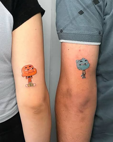 Cosmo And Wanda Matching Tattoos, Gumball And Darwin Tattoo, Sibling Tattoos For Two, Duo Tattoo Ideas, Brother Sister Tattoo Ideas, Bro Tattoos, Tatuaje Studio Ghibli, Matching Tattoos For Siblings, Matching Bff Tattoos