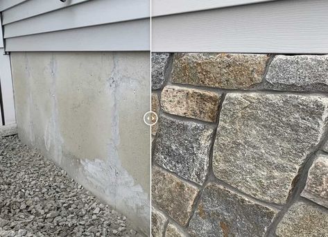 Adding Stone to a Cement Foundation Diy Stone Veneer, Diy Foundation, Diy Home Updates, Real Stone Veneer, Stone Architecture, Exterior Stone, Stone Veneer, Natural Rock, Rock Design