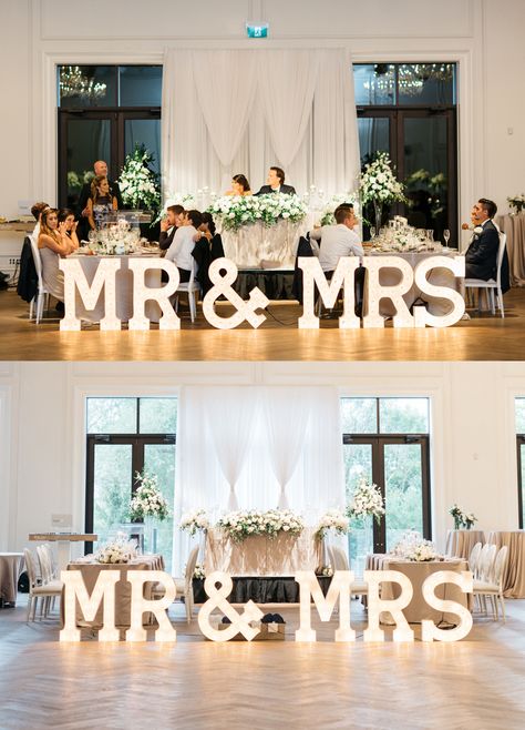 Wedding Head Table Round, Bridal Party Seating Head Tables, Sweetheart Table And Bridal Party, Wedding Marquee Letters Sweetheart Table, Mr & Mrs Wedding Table, Bridal Table Decorations Elegant, Head Table With Wedding Party, Mrs And Mr Wedding Table, Mr And Mrs Letters Wedding