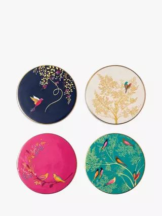 Sara Miller Chelsea Collection Fine China Round Coasters, Set of 4 Sara Miller, Kitchen Accessories Decor, 22 Carat Gold, Painted Plates, Green Bird, Pink Bird, Ceramic Coasters, Box Hand, Blossom Trees