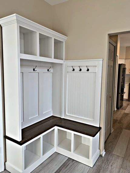 Corner Unit | Mudroom Lockers Custom Mudroom, Small Mudroom Ideas, Vstupná Hala, Mudroom Remodel, Mudroom Cabinets, Mudroom Makeover, Laundry Room/mud Room, Mud Room Entry, Hall Trees