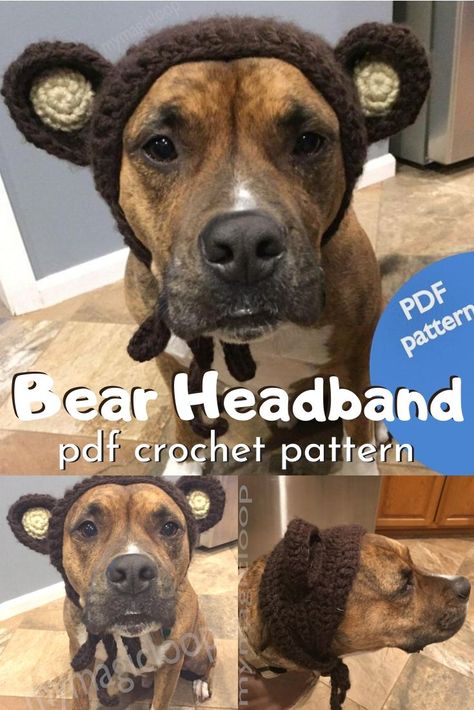 Dog Bear Hat Crochet Pattern, Crochet Dog Ears Headband, Crochet Dog Headband Free Pattern, Crochet Dog Bear Hat, Crochet Dinosaur Hat For Dog, Crochet Patterns Dog Hat, Crochet Pattern For Dog Hat, Bear Headband Crochet, Dog Snoods Crochet Pattern