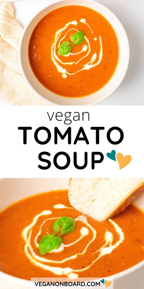 An easy and simple recipe for a tasty soup full of bold tomato and basil flavours. This creamy vegan soup is delicious made with canned tomatoes or fresh tomatoes in season! Uses fresh basil for extra flavor. A must try tomato soup recipe that’s vegan and dairy-free. Tomato Soup Vegan, Vegan Autumn, Vegan Tomato Soup, Vegetarian Soups, Quick Vegan, Fall Soup, Vegan Grilling, Canned Tomatoes, Creamy Tomato Soup