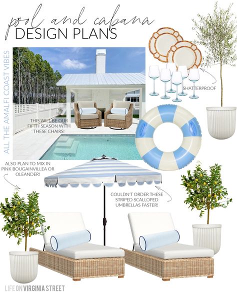 Amalfi Coast Pool and Cabana Design Plans with chaise lounge chairs, striped and scalloped umbrellas, lemon trees, olive tree, cabana striped pool floats and more! Cabana Plans, Pool Cabana Plans, Cabana Design, Seasons Changing, Poolside Furniture, Life On Virginia Street, Pool Umbrellas, Pool Cabana, Pool Chairs