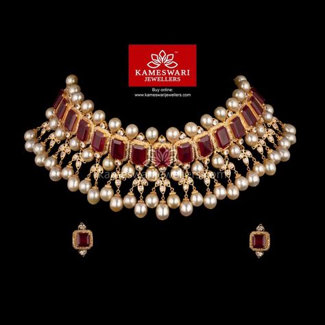 Ruby Choker Necklace Indian, Ruby Necklace Indian, Ruby Choker, Studded Choker, Kameswari Jewellers, Temple Jewelry Necklace, Choker Necklace Designs, Choker Designs, Pearl Necklace Designs