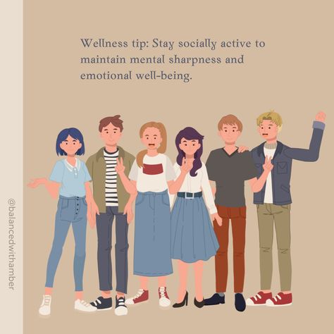 Healthy relationships and regular social interactions have so many benefits emotionally, mentally, and physically.  You are generally more physically active, happier, healthier, and more engaged in life.  Studies show that having regular healthy social interaction is linked to a longer life expectancy.  For more on this and other tips on wellness, follow the link! Wellness Poster, Social Wellness, Mental Health First Aid, Positive Relationship, Physically Active, Social Well Being, Life Expectancy, Good Mental Health, Finding Balance