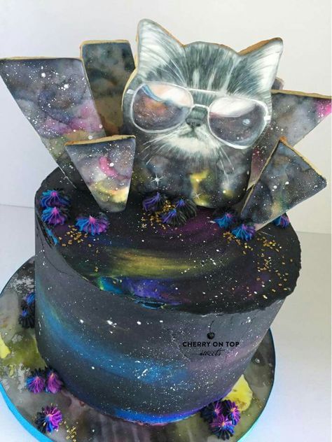 Cherry On Top Sweets.   Meow-ter Space.  Cat decorated cake. Space Cat Birthday Cake, Space Cat Cake, Space Cat Party, Space Cat Birthday Party, Birthday Cake For Cat, 8th Birthday Cake, Cat Cake Topper, Galaxy Cake, 10 Birthday Cake