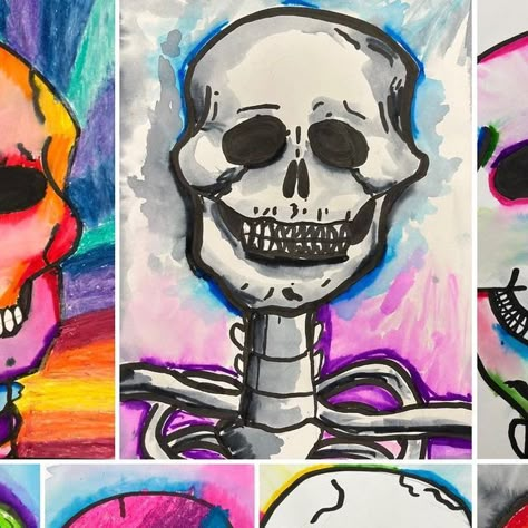 Lauralee Chambers🌀 on Instagram: "5th grade studies the human skeleton with me in art every year at this time. They use a reference with simple lines to draw from and then I demo the features. After that…Outcomes are endless. #watercolor #oilpastel #skullart" 5th Grade Halloween Art Projects, Oil Pastel Art Lessons Elementary, How To Draw Skeletons, Line Art Ideas, Skeleton Art For Kids, Grade 6 Halloween Art Projects, Halloween Art Ideas Drawing, Grade 3 Halloween Art, Skeleton Art Projects High School