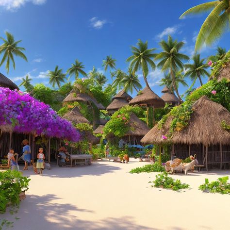 Tropical village scene with thatched-roof huts and lush greenery | Deep Dream Generator Tropical Cartoon, Cartoon Village, Tropical Beach Resorts, Hut House, Village Art, Acrylic Painting Flowers, Village Scene, Tropical Resort, Base Image