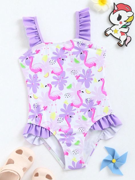 Young Girl Flamingo Print Frill Trim One Piece SwimsuitI discovered amazing products on SHEIN.com, come check them out! Tropical Flamingo, Flamingo Print, Swimwear Girls, Toddler Girl Outfits, Black Border, Girls Clothing, Cute Casual Outfits, No Frills