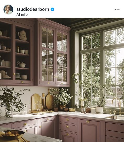 Practical Magic Living Room Aesthetic, Victorian Kitchen Colors, Kayla Place, Practical Magic Decor Inspiration, Green And Purple Kitchen, Practical Magic House Aesthetic, Victorian Kitchen Cabinets, Lilac Kitchen, Apothecary Kitchen