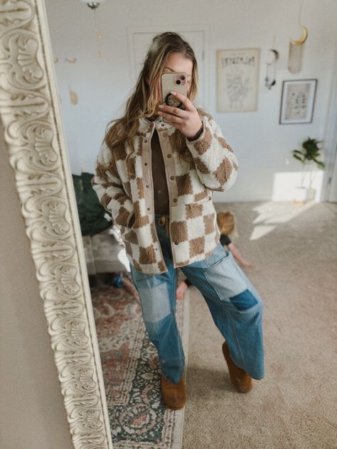 Midsize mom in checker print jacket and free people inspiresd jeans Mom Ootd, Elder Emo, Checker Print, Print Jacket, The Park, Free People, Jackets For Women, For Women