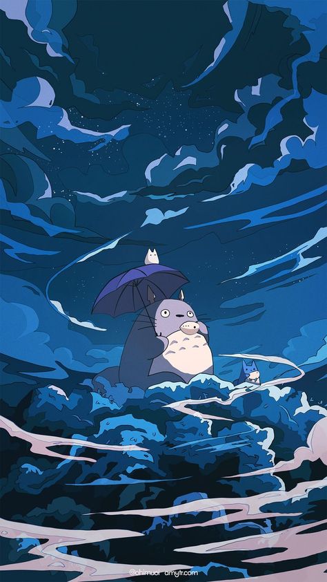 fanart of a scene from my neighbour totoro, totoro sitting atop trees Blue Totoro Wallpaper, Studio Ghibli Digital Art, Ghibli Simple Wallpaper, Studio Ghibli Fanart Wallpaper, Studio Ghibli Night Wallpaper, Studio Ghibli Wallpaper Samsung, Blue Ghibli Wallpaper, Ghibli Illustration Art, Blue Wallpaper Ghibli