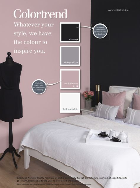 You could have a feature wall at the back of kids bed an "almost black, The wall beside Rosie bed dusty pink Theo's side dusty blue or grey .. Pink Black Bedrooms, Pink Feature Wall, Dusty Pink Bedroom, Pink Bedroom Walls, Millenial Pink, Feature Wall Bedroom, Pink Bedroom Decor, Bedroom Wall Colors, Kids Bed