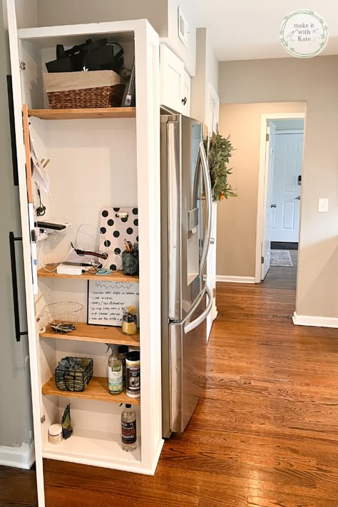 Next To Fridge Cabinet, Side Of Fridge Storage Diy, Fridge Doesnt Fit In Kitchen, Ideas For Cabinet Above Refrigerator, Box In Fridge, Frame In Fridge, How To Build Cabinet Above Fridge, Side Fridge Cabinet, End Of Fridge Cabinet