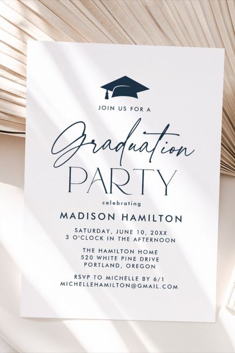 Modern Navy Script Graduation Party Invitation
Modern graduation party invitations featuring a black graduation cap at the top of the design with "Graduation Party" displayed in navy script typography on a white background. Personalize the minimalist graduation party invitation with the graduate's name and party details! #graduationinvitations #classof2024 #graduationparty #celebrategraduation #graduationannouncement #elegant #minimalist Invitation Card Design For Graduation, Invitation Card Design Graduation, Invitation Card Graduation, Minimalist Graduation Party, Modern Graduation Party, Graduation Invitation Cards, Black Graduation, Graduation Party Invitation, Script Typography