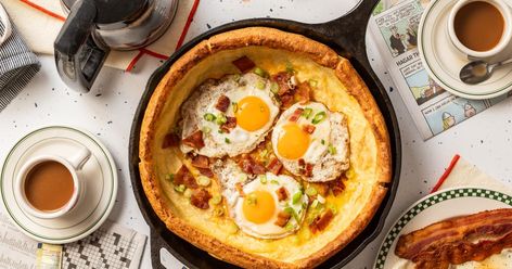 Early Bird Dutch Baby Savory Dutch Baby Recipe, Savory Dutch Baby, Candied Bacon Recipe, Cornbread Cake, Dutch Baby Recipe, Hearty Lunch, Dutch Masters, Fine Cooking, Candied Bacon