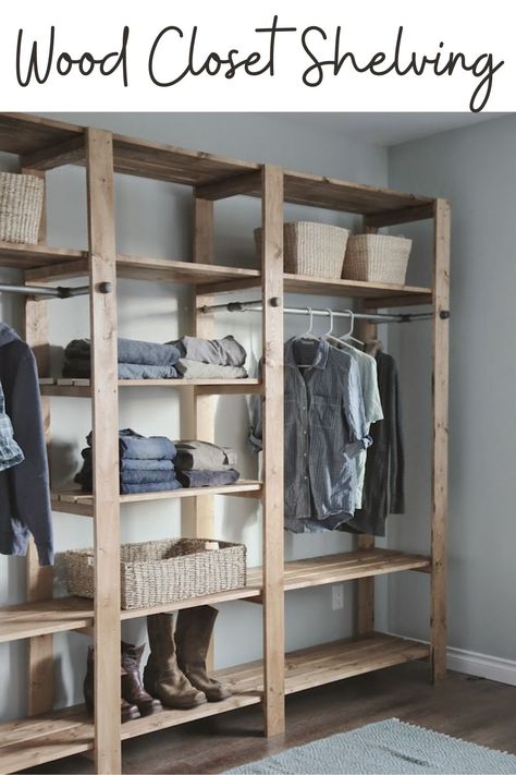 Clothes Storage Without A Closet, Bedroom Closet Shelves, Pipe Closet, Wood Closet Shelves, Shelves Furniture, Closet Planning, Bedroom Closet Storage, Free Standing Closet, Wood Wardrobe