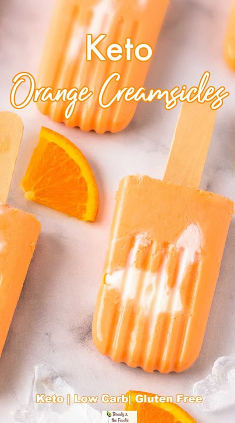 Keto Orange Creamsicle, Orange Cream Popsicles, Healthy Popsicle Recipes, Gluten Free Beauty Products, Healthy Popsicles, Low Carb Ice Cream, Sugar Free Sweets, Homemade Popsicles, Keto Ice Cream