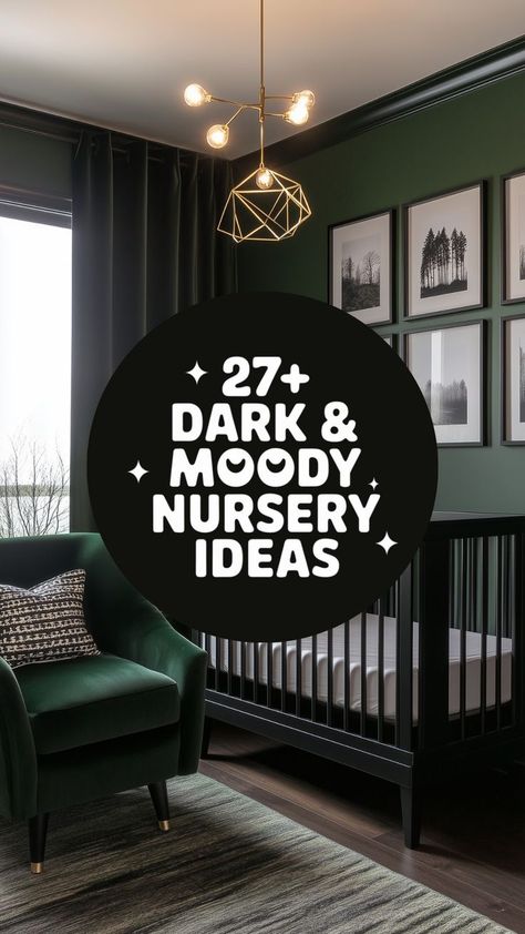 A dramatic nursery with dark green walls, a black crib, gallery wall art, a velvet green armchair with a patterned pillow, and a gold geometric pendant light, creating a luxe and elegant atmosphere. Dark Green Crib Nursery, Nursery With Dark Accent Wall, Black White Grey Nursery, Dark Accent Wall Nursery, Chocolate Brown Nursery, Baby Accent Wall Nursery Ideas, Nursery Ideas Green Accent Wall, Monotone Nursery, Moody Woodland Nursery