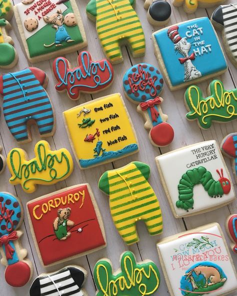 Colorful sugar cookies for a book themed baby shower! These were SO fun to make. Book Cookies, Baby Shower Cake Sayings, Colorful Cookies, Popular Baby Shower Themes, Baby Shower Food For Girl, Book Shower, Storybook Baby Shower, Baby Shower Brunch, Shower Food