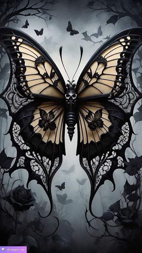 Fantasy Butterfly Tattoo, Goth Butterfly Tattoo, Gothic Butterfly Tattoo, Evil Butterfly, Goth Wings, Goth Butterfly, Butterfly Wings Art, Gothic Butterfly, Black And Gold Aesthetic