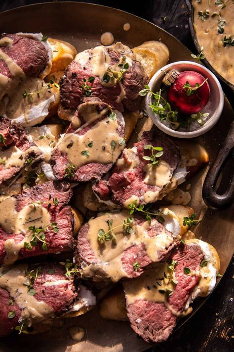 Beef Tenderloin Crostini with Parmesan Wine Cream Sauce: Feels elegant yet comes together in under an hour...sure to be loved by all! Beef Tenderloin Crostini, Tenderloin Crostini, Wine Cream Sauce, Toasted Crostini, Beef Tenderloin Roast, Half Baked Harvest Recipes, Meat And Potatoes, Crostini Recipes, Holiday Appetizers Recipes