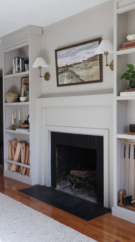 Fireplace Built Ins Windows, Furniture Pieces Next To Fireplace, Flat Fireplace With Built Ins, Built In With Faux Fireplace, Fireplace Ideas Bookshelves, Fake Fireplace With Built Ins, Diy Fireplace Shelves, Diy Built Ins Next To Fireplace, Fireplace Surround Bookshelves