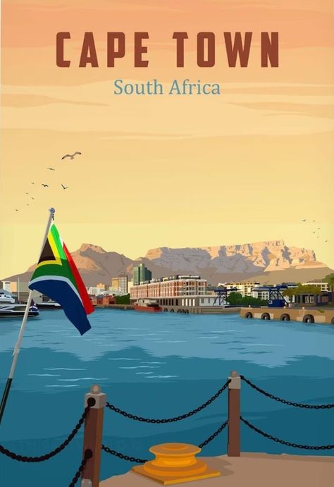 Cape Town Wallpaper, South Africa Illustration Art, Cape Town Illustration, Cape Town Painting, Table Mountain Cape Town Illustration, Uni Posters, South Africa Stickers, South Africa Retro Poster, South Africa Poster