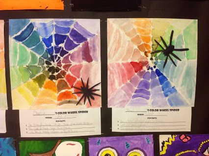 color wheel spider web art. Art lesson for kids. Kindergarten Color Theory Projects, Elements Of Art Color Projects, Color Wheel Art Lesson, Halloween Art Lessons, Color Wheel Art Projects, Color Wheel Projects, Color Projects, Color Wheel Art, Color Theory Art