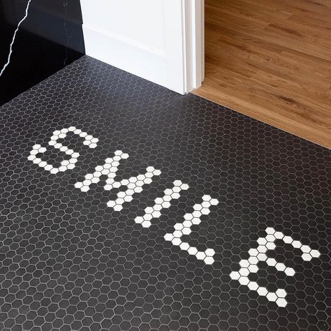 Loving this floor designed by @in.house.design and @alannadunn 🙌🏻 get the look using Le Cafe 2”x2” Mosaic in black and white. Link in… Bedrosians Tile, Hexagon Mosaic Tile, Penny Tile, Stylish Interior Design, Black Light Fixture, Black And White Tiles, Hexagonal Mosaic, Black Tiles, Black Furniture