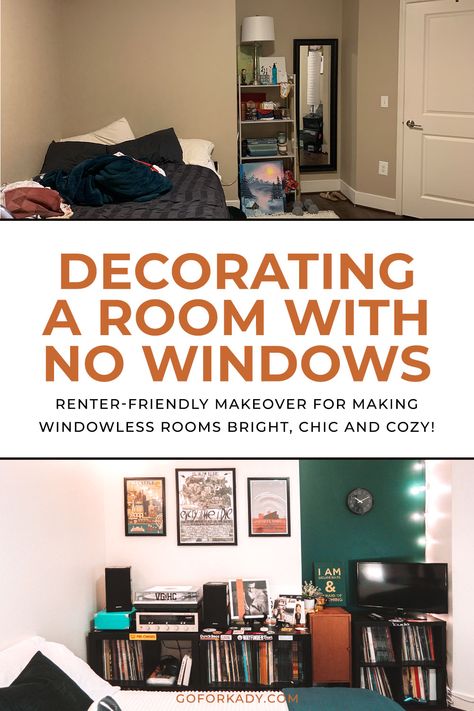 Rental apartments with rooms without windows are common in major cities, and they can be so hard to decorate. Click here to find out how I made over my windowless guest room and turned a dark, boring space into a bright, cozy, chic office and guest room! Follow my dark room makeover to see tips and ideas on how to use lights, paint and decor to brighten a rental apartment room with no windows on a budget! Cozy Windowless Room, Rooms Without Windows Ideas, Apartment No Windows, Small Room No Windows Ideas, Curtain On Wall No Window, Room With No Windows Ideas, No Window Bedroom, Living Room Without Windows, Windowless Room Ideas