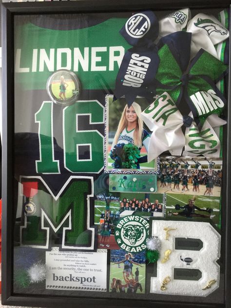 High School Sports Letter Display, Football Shadow Box Ideas High Schools, What To Do With High School Varsity Letters, Sport Shadow Box Ideas, High School Letter Shadow Box Ideas, Senior Cheer Shadow Box Ideas, Cheerleading Shadow Box Ideas, Cheerleader Shadow Box Ideas, Letterman Shadow Box Ideas