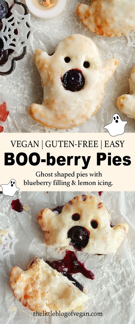 ghost shaped pastries with blueberry filling Cute Easy Baked Goods, Halloween Treats And Food, Gluten Free Sleepover Snacks, Vegan Gluten Free Halloween Recipes, Mini Halloween Pies, Ghost Pop Tarts, Homemade Halloween Treats Desserts, Halloween Food Vegetarian, Halloween Vegetarian Food