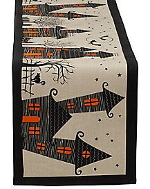 Serve your Halloween treats on this haunted house table runner, and they're sure… Halloween Party Dinner, Halloween Table Runners, Printed Table Runner, Halloween Dinner, Fall Decoration, Halloween Table, Decor Trends, Seasonal Gifts, Halloween House