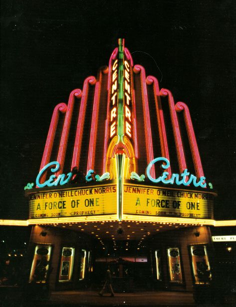 https://flic.kr/p/21tKAEp | Centre Theater Vintage Neon Sign Movie Marquee | Centre theater neon signage. A vintage movie marquee from an old folder of photos I came across. Don't know who took the pictures or remember where they came from, but they sure look nice. Theatre Marquee Sign, Neon Movie Theater, Old Broadway Aesthetic, Marquee Illustration, Vintage Theatre Aesthetic, Old Cinema Theater, Vintage Theater Aesthetic, Theater Exterior, Architecture Signage