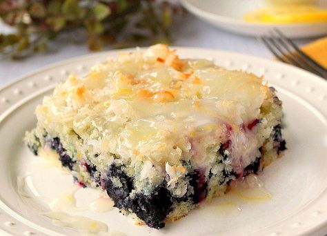 A delicious tender, moist Coconut Blueberry Cake topped with a Lemon Glaze! Blueberry Buttermilk Breakfast Cake, Coconut Blueberry, Cream Cheese Coffee Cake, Blueberry Breakfast Cake, Lemon Glaze, Blueberry Cake, Blueberry Recipes, Lemon Cream, Coconut Cake