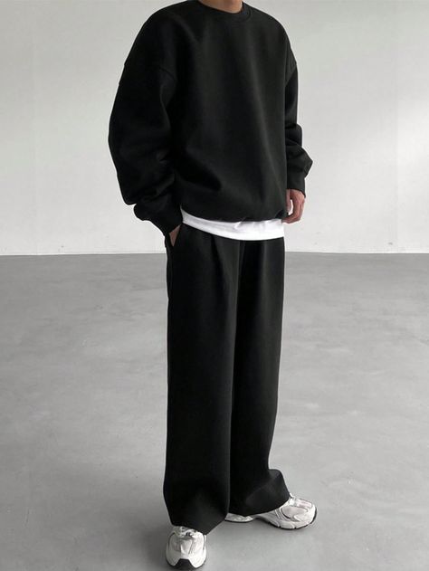 2pcs Men's Solid Color Crew Neck Tracksuit Sweatshirt And Pocket Sweatpants Casual Black Set For Fall Black Casual    Plain  Slight Stretch Fall Men Clothing, size features are:Bust: ,Length: ,Sleeve Length: Fashion Inspo Outfits Men Black, Fall Clothing Men, Dark Clothes Men, Baggy Mens Fashion, Black Sweatpants Outfit Men, Full Black Outfit Men, Sweatpants Outfit Men, Baggy Clothes Style, Streetwear Style Men