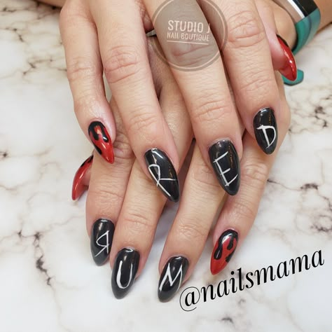 Redrum Nails Halloween, Matte Polygel Nails, Short Stilleto Halloween Nails, Almond Shaped Halloween Nail Designs, Halloween Horror Nights Nails, The Shining Nails, Simple Halloween Nails Almond, Almond Shaped Halloween Nails, Almond Halloween Nail Designs