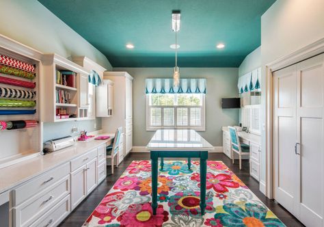 43 Clever & Creative Craft Room Ideas | Home Remodeling Contractors | Sebring Design Build Teal Ceiling, Design De Configuration, White Built Ins, Ikea 2015, Traditional Home Office, Home Remodeling Contractors, Sewing Room Design, Dream Craft Room, Craft Room Design