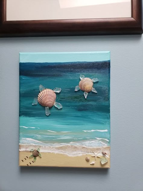 Shells On A Canvas, Painted Sea Shells Ideas Beach Crafts, Ocean Gift Ideas, Sea Shell Painting On Canvas, Shell Painting Canvas, E Waste Art, Shell Art On Canvas, Highschool Art Project Ideas, Sea Shells Crafts