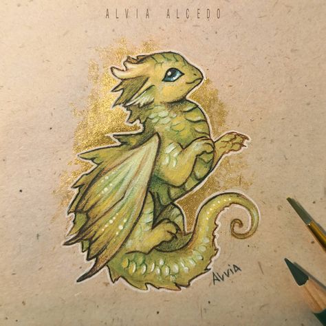 Alvia Alcedo, Easy Dragon Drawings, Cute Dragon Drawing, Mini Dragon, Prismacolor Art, Really Cool Drawings, Creature Drawings, Dragon Artwork, Mythical Creatures Art