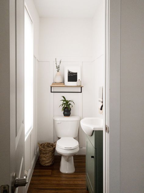 Tiny Half Bathroom Ideas, Mini Bathroom Ideas, Painting The Ceiling, Half Bath Makeover, Tiny Half Bath, Bathroom Shelves Over Toilet, Tiny Bath, Am I Crazy, Pretty Home