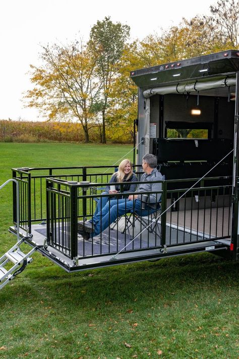 Porch For Rv, Diy Cargo Trailer, Porch For Camper, Trailer Camper Conversion, Trailer Deck, Cargo Trailer Camper Conversion, Travel Trailer Living, Cargo Trailer Conversion, Tiny House Camper