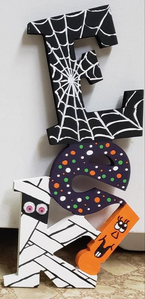 Eek Sign From Dollar Tree Ideas, Dollar Tree Wooden Skeleton, Dollar Store Eek Sign, Eek Signs For Halloween Diy, Eek Sign From Dollar Tree Diy, Eek Halloween Sign, Dollar Tree Boo And Eek Signs, Dollar Tree Boo Sign Ideas, Dollar Tree Eek Sign Diy